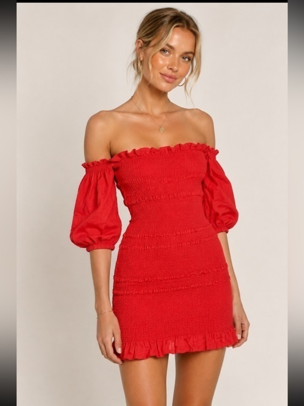 Capulet Red Smocked Off Shoulder Puff Sleeve Mini Dress Cottagecore Romantic